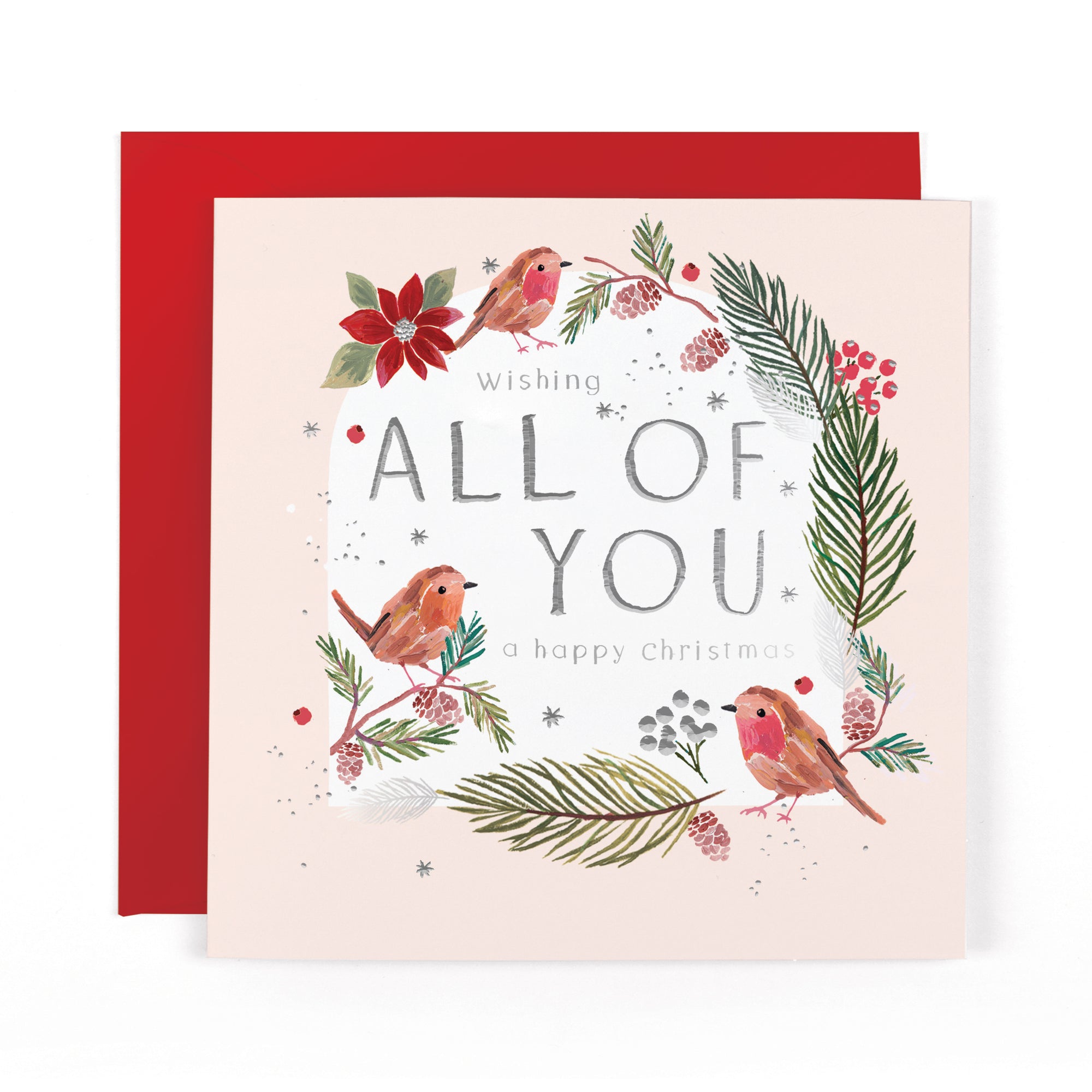 Hotchpotch Luxury Christmas Card Wishing All Of You A Happy Christmas, Three Robins In A Botanical Wreath, 6 x 6 Inches
