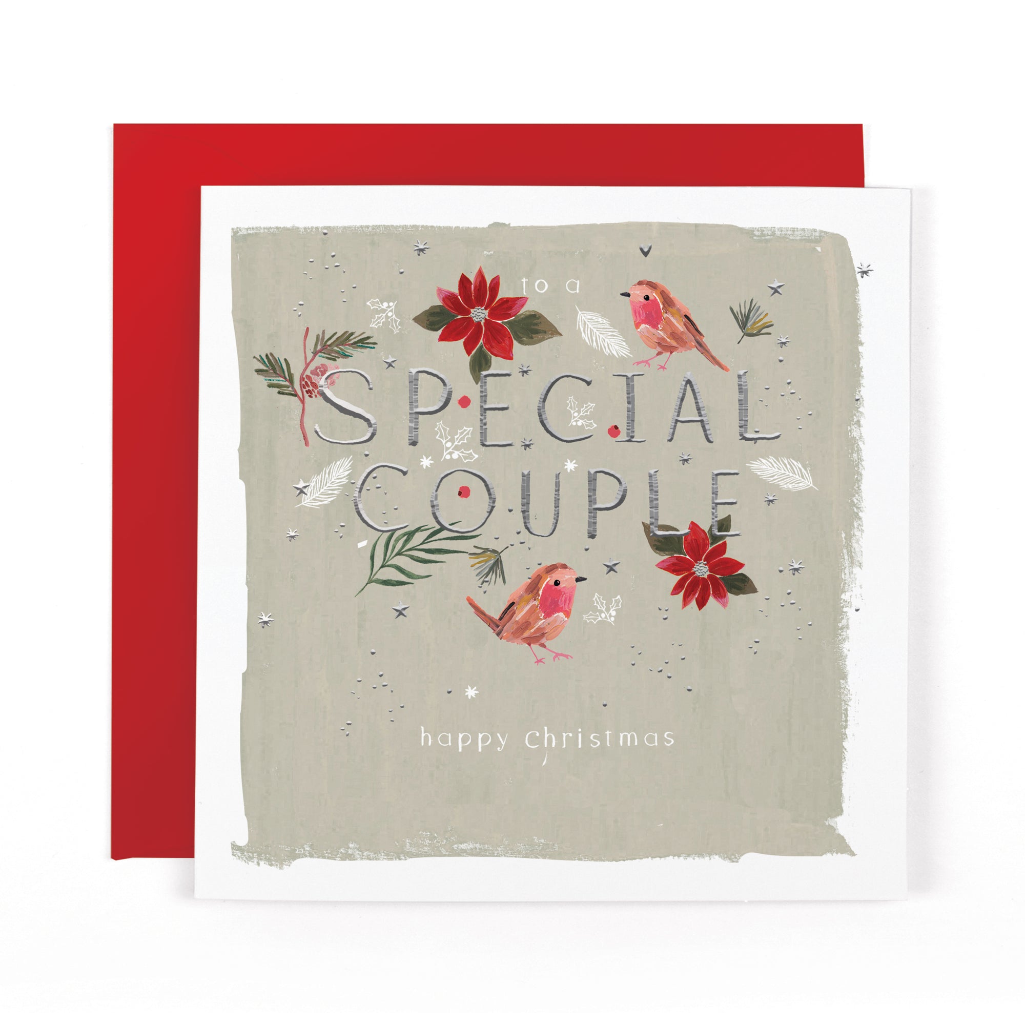 Hotchpotch Luxury Christmas Card To A Special Couple, Two Robins Among Poinsettias, 6 x 6 Inches