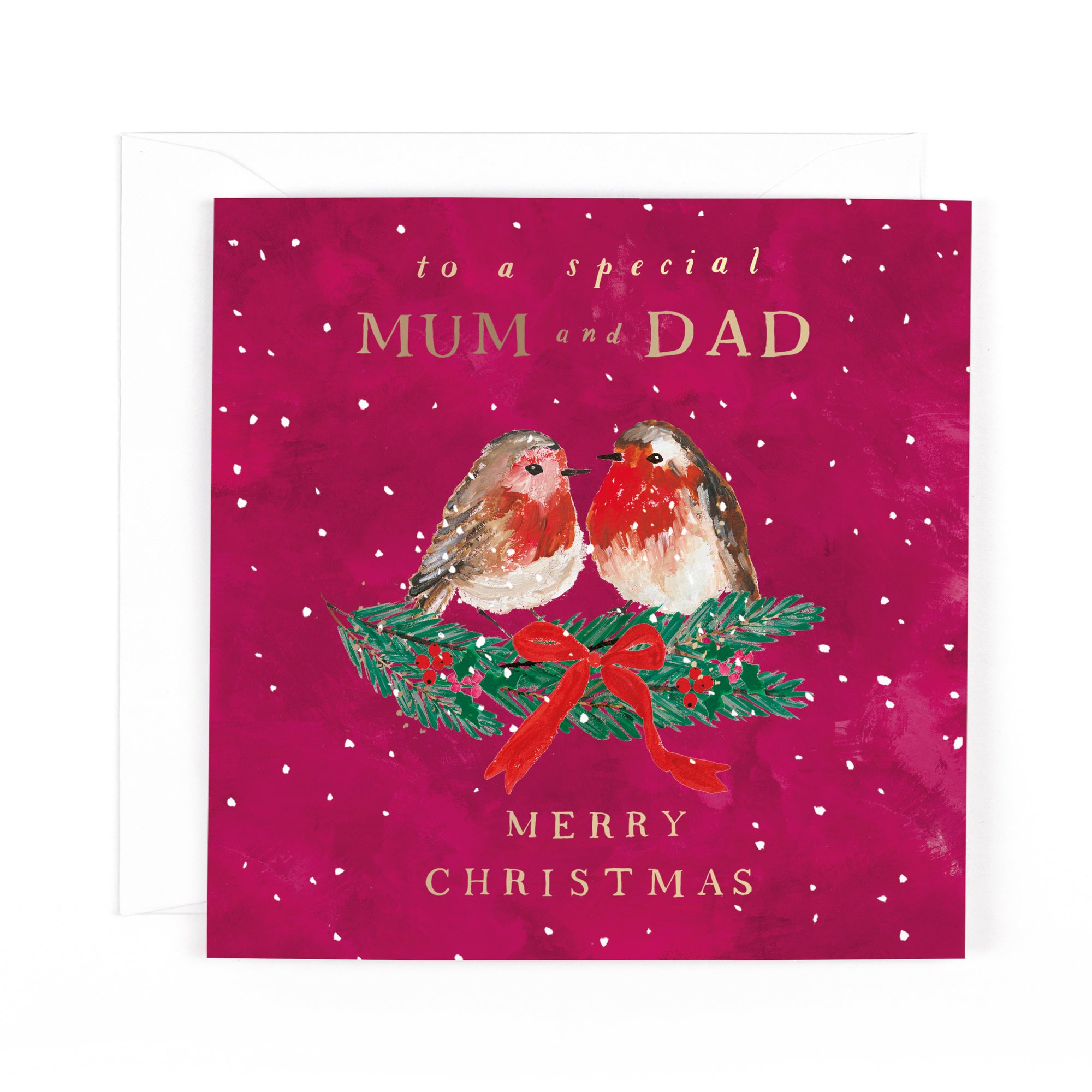 Hotchpotch Luxury Christmas Card, Merry Christmas To A Special Mum And Dad, Two Festive Robins, 6 x 6 Inches