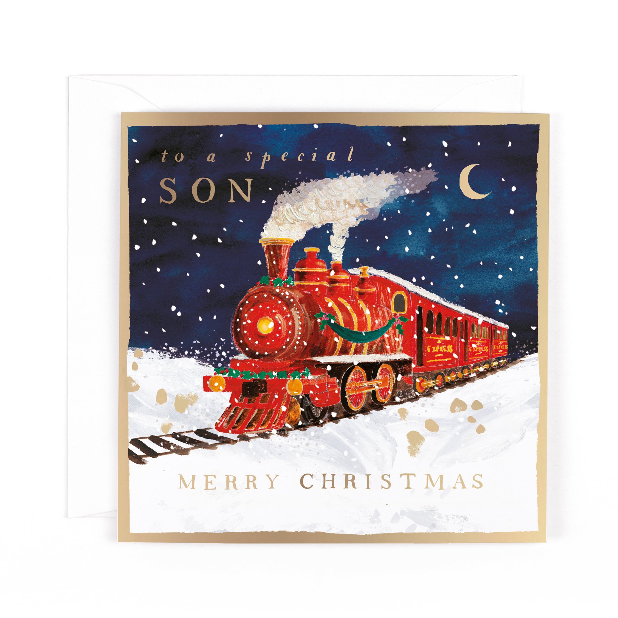 Hotchpotch Luxury Christmas Card, Merry Christmas To A Special Son, Christmas Express Train In The Snow, 6 x 6 Inches