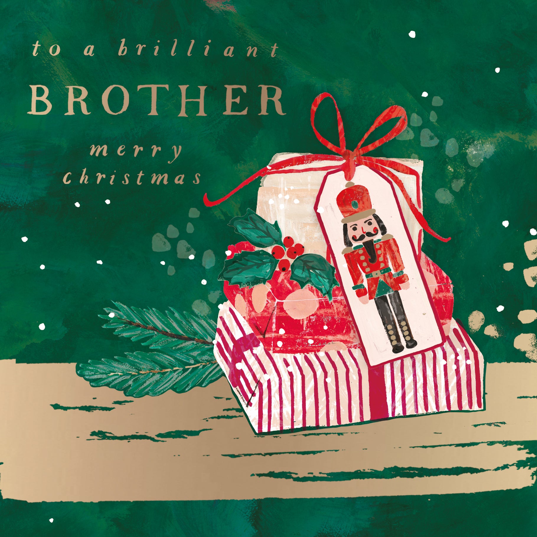 Hotchpotch Luxury Christmas Card, Merry Christmas To A Brilliant Brother, Stack Of Presents With Nutcracker Gift Tag, 6 x 6 Inches