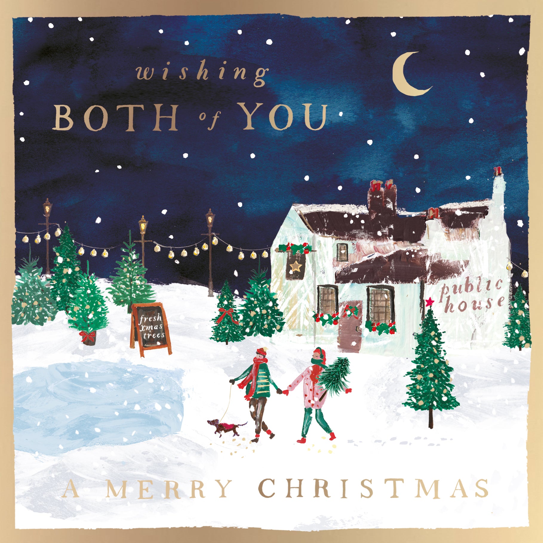 Hotchpotch Luxury Christmas Card, Wishing Both Of You, Couple, Friends, Christmas Pub In The Snow With Trees Scene, Modern Contemporary Greeting Card, 6 x 6 Inches