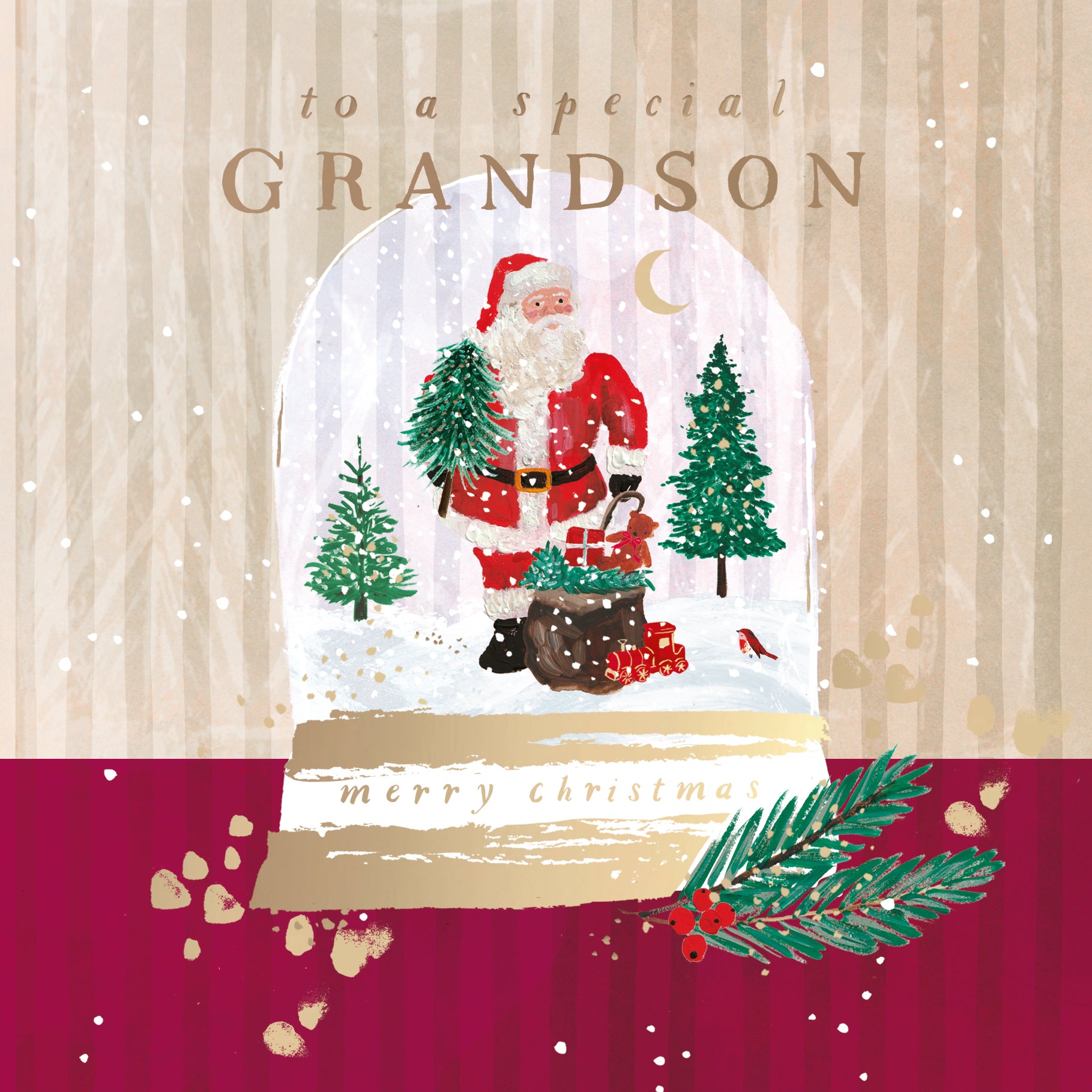 Hotchpotch Luxury Christmas Card, Merry Christmas To A Special Grandson, Santa In A Snow Globe With Toy Train, 6 x 6 Inches