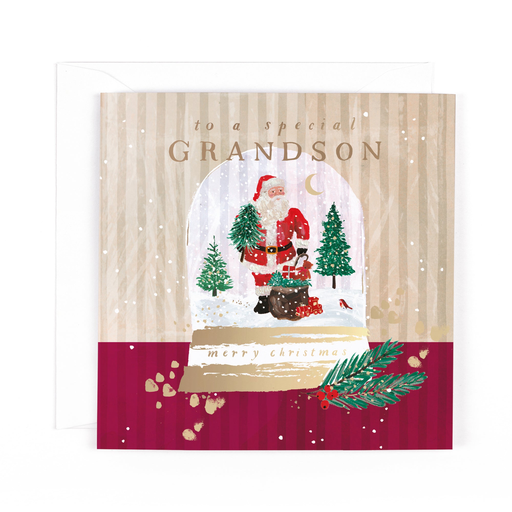Hotchpotch Luxury Christmas Card, Merry Christmas To A Special Grandson, Santa In A Snow Globe With Toy Train, 6 x 6 Inches