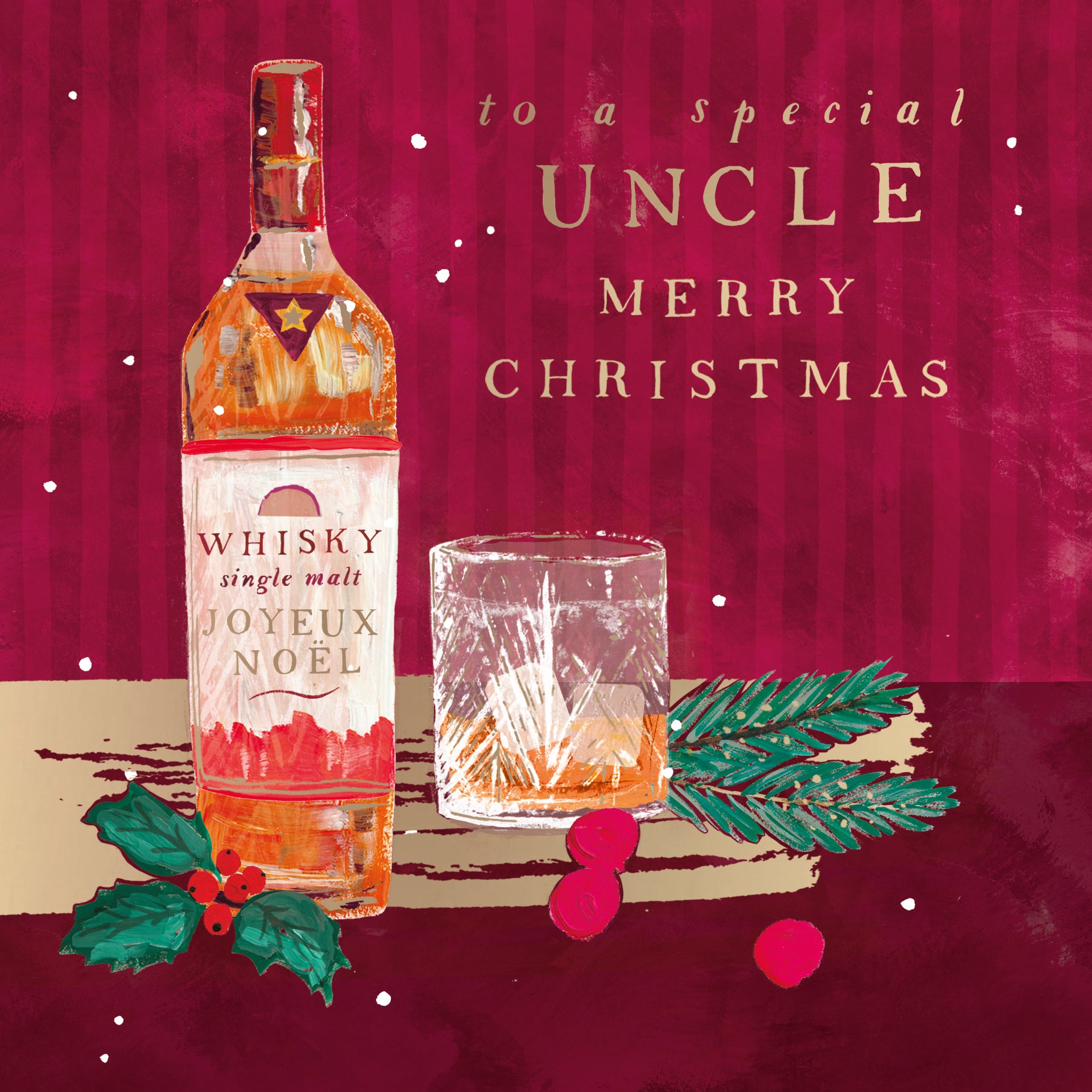 Hotchpotch Luxury Christmas Card, Merry Christmas To A Special Uncle, Single Malt Whisky Bottle And Crystal Tumbler, Gold Foil Detail, 6 x 6 Inches