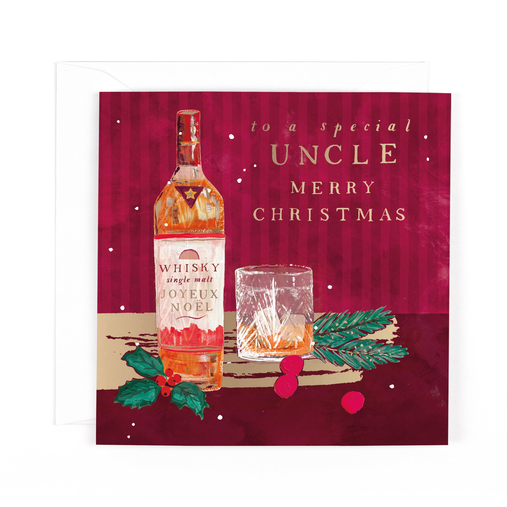 Hotchpotch Luxury Christmas Card, Merry Christmas To A Special Uncle, Single Malt Whisky Bottle And Crystal Tumbler, Gold Foil Detail, 6 x 6 Inches