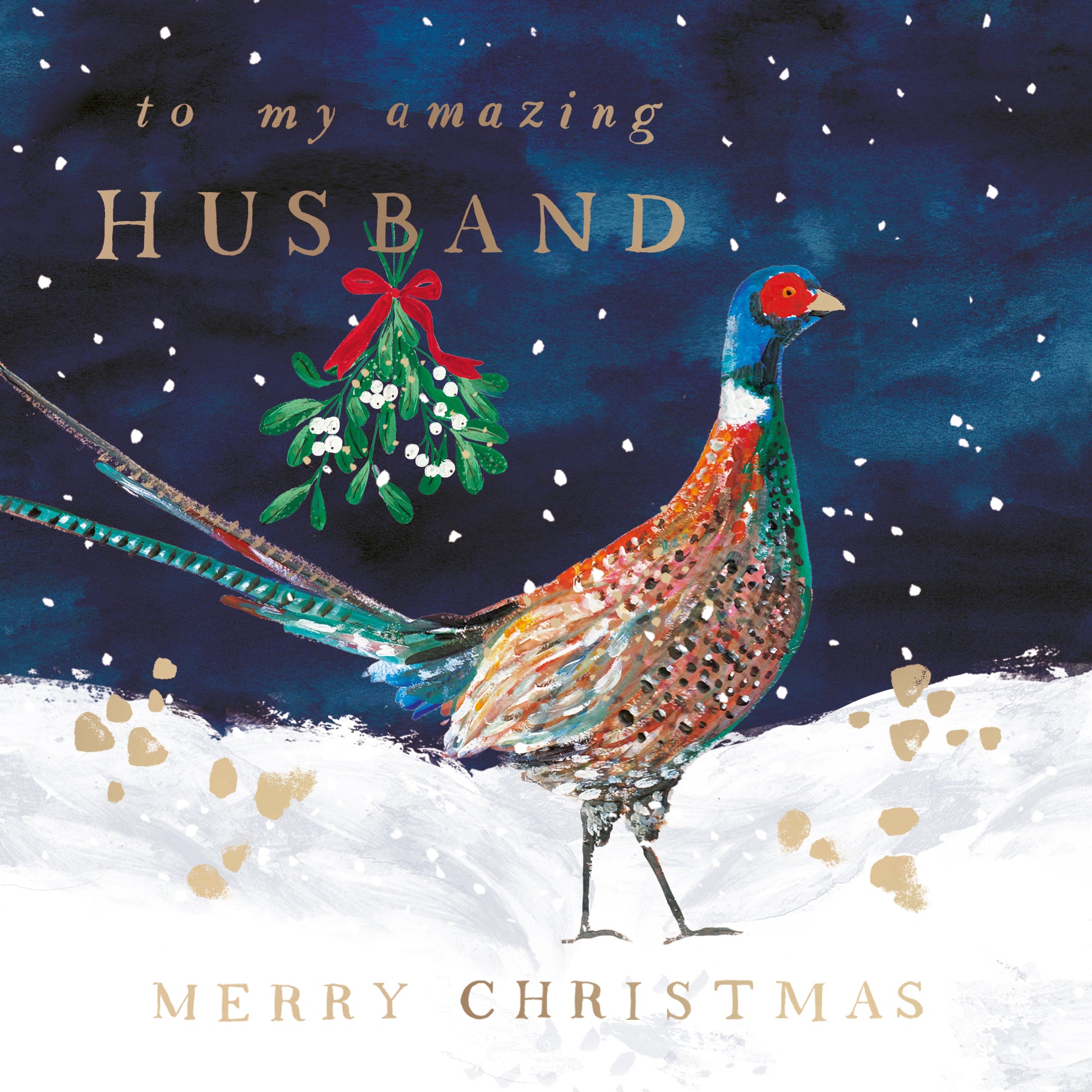 Hotchpotch Luxury Christmas Card, Merry Christmas To My Amazing Husband, Pheasant In The Snow With Mistletoe, 6 x 6 Inches