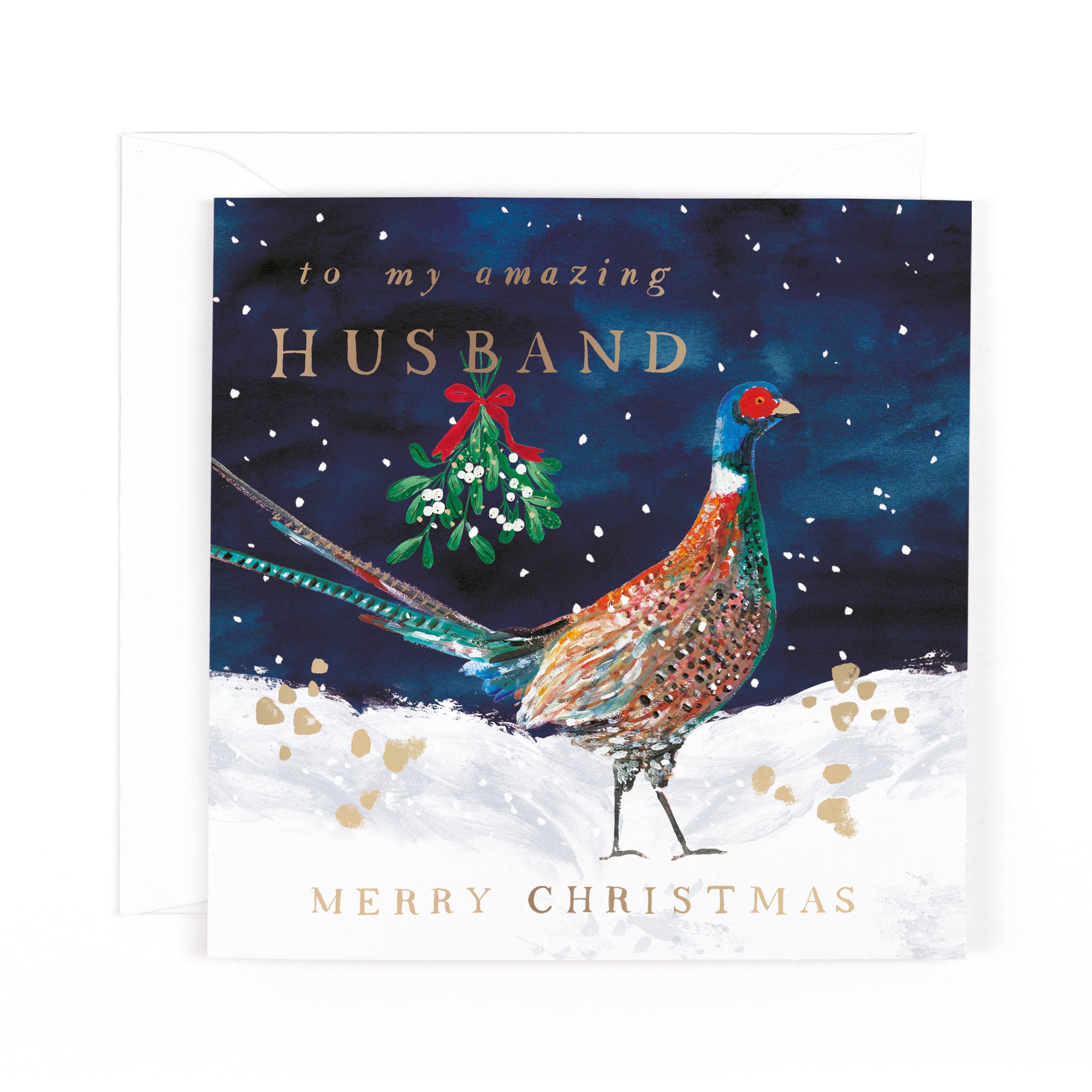 Hotchpotch Luxury Christmas Card, Merry Christmas To My Amazing Husband, Pheasant In The Snow With Mistletoe, 6 x 6 Inches