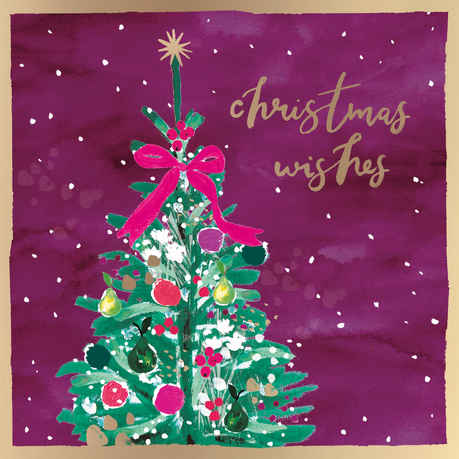 Hotchpotch Luxury Christmas Card, Christmas Wishes, Decorated Tree With Fuchsia Bow, 6 x 6 Inches