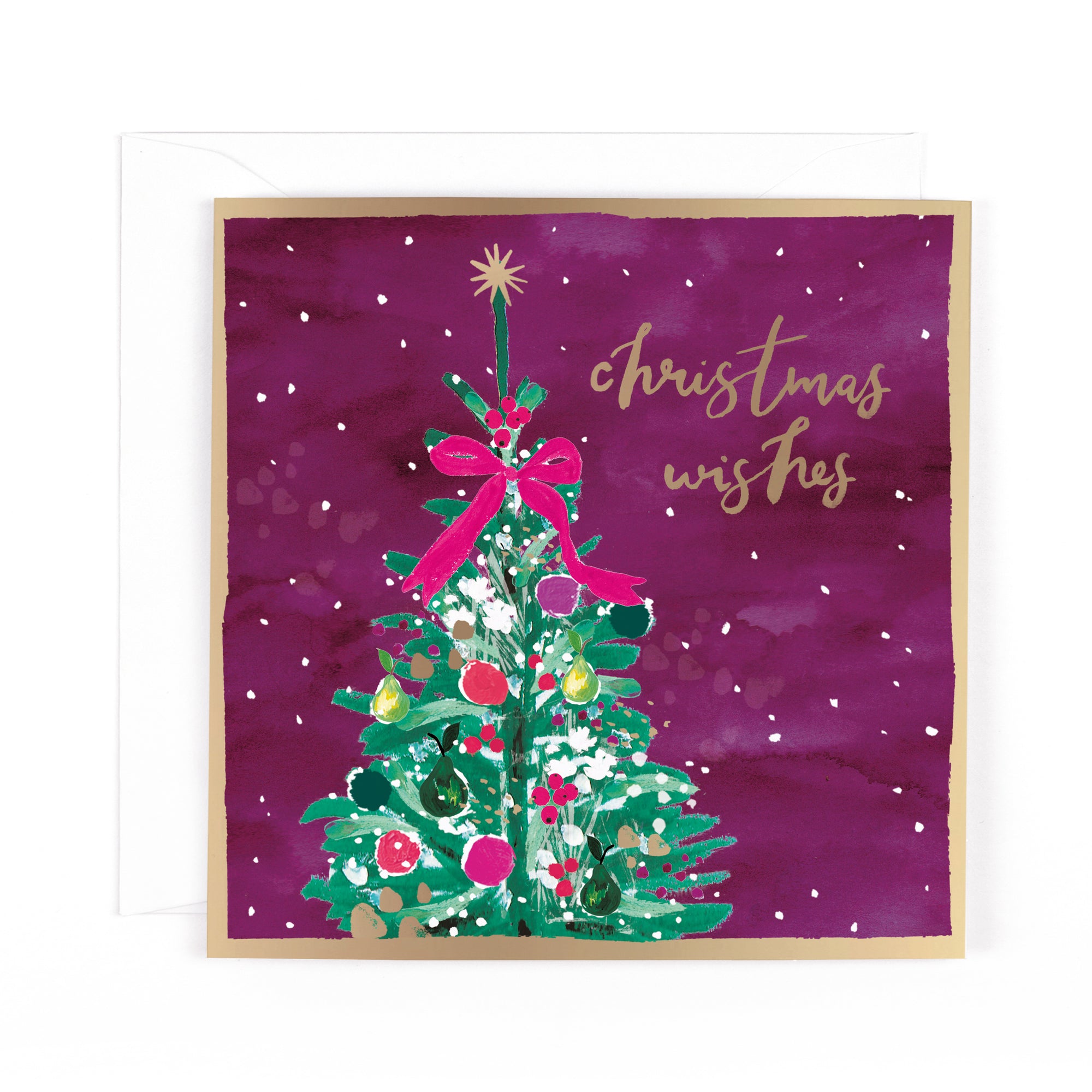 Hotchpotch Luxury Christmas Card, Christmas Wishes, Decorated Tree With Fuchsia Bow, 6 x 6 Inches