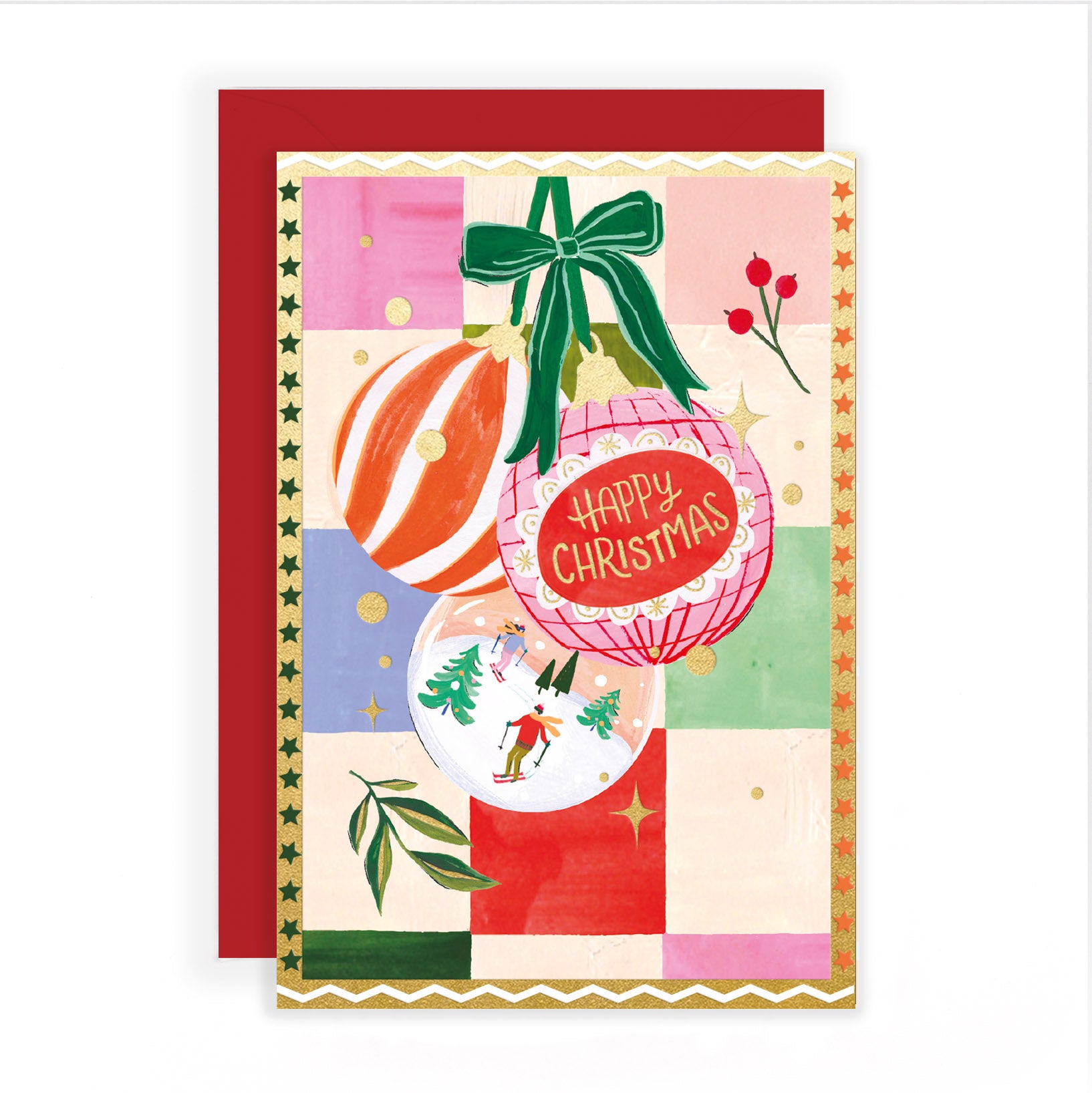 Hotchpotch Luxury Christmas Card To Friends And Family, Neighbours, Festive Baubles, Modern Contemporary Greeting Card From Hotchpotch, 6 x 6 Inches