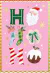 Hotchpotch Luxury Christmas Card Ho Ho Ho Santa, Festive Icons On Pink With Gold Foil Detail, Modern Contemporary Greeting Card From Hotchpotch, 4 x 6 inches