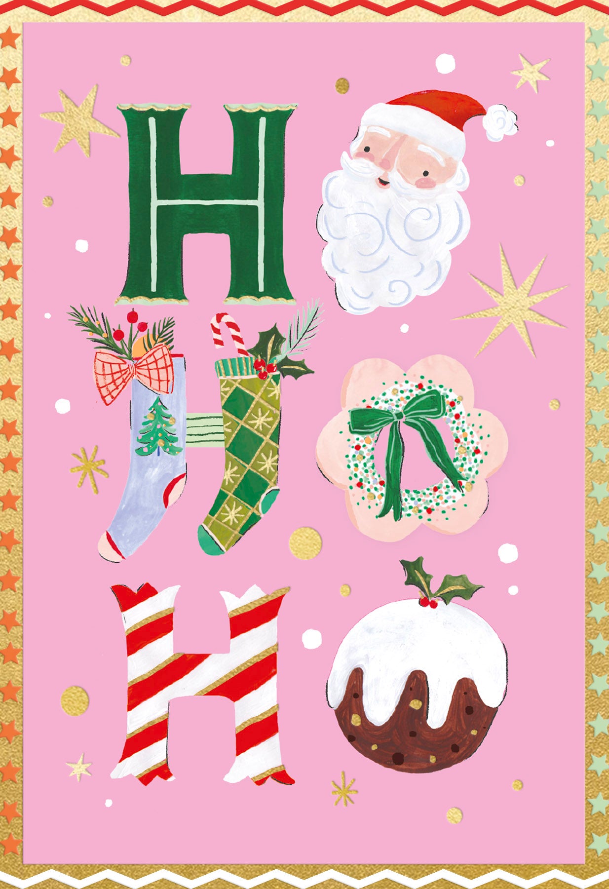 Hotchpotch Luxury Christmas Card Ho Ho Ho Santa, Festive Icons On Pink With Gold Foil Detail, Modern Contemporary Greeting Card From Hotchpotch, 4 x 6 inches