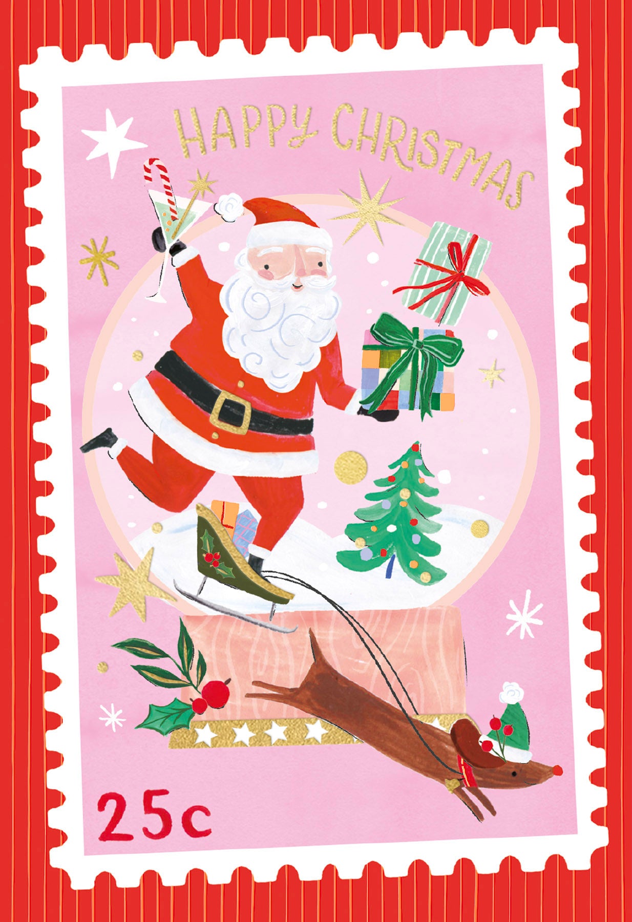 Hotchpotch Luxury Christmas Card, Happy Christmas Santa Snow Globe Stamp Design, To Friends, Family, Neighbours, 4 x 6 Inches