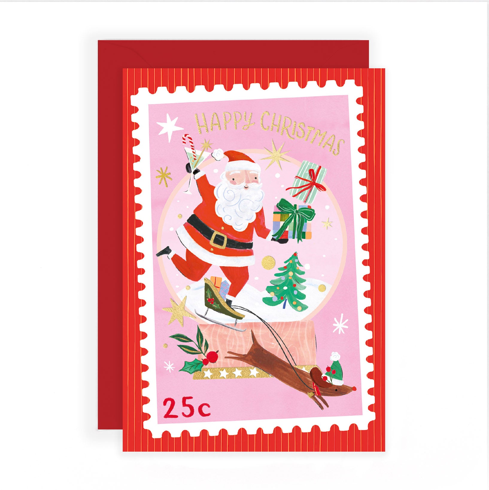 Hotchpotch Luxury Christmas Card, Happy Christmas Santa Snow Globe Stamp Design, To Friends, Family, Neighbours, 4 x 6 Inches