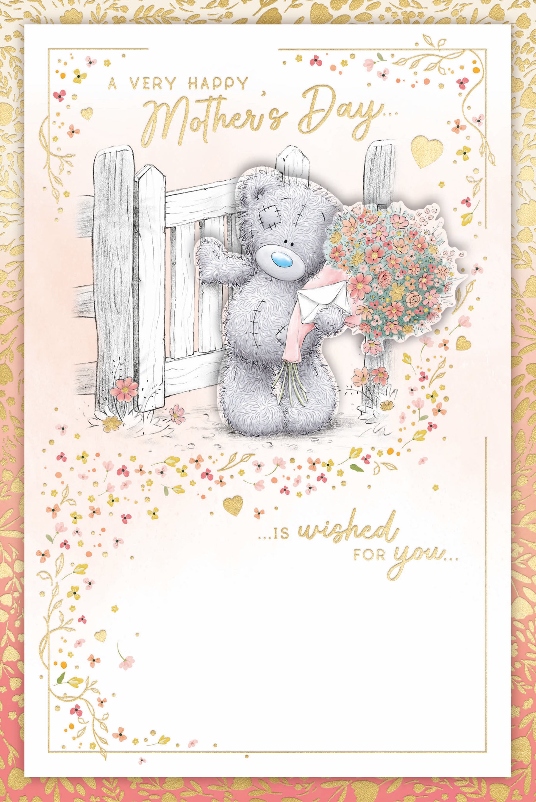Me to You Tatty Teddy Bear At Gate With Flowers Luxury Gold Foil Mother's Day Card, 6 X 9 Inches - Official Collection