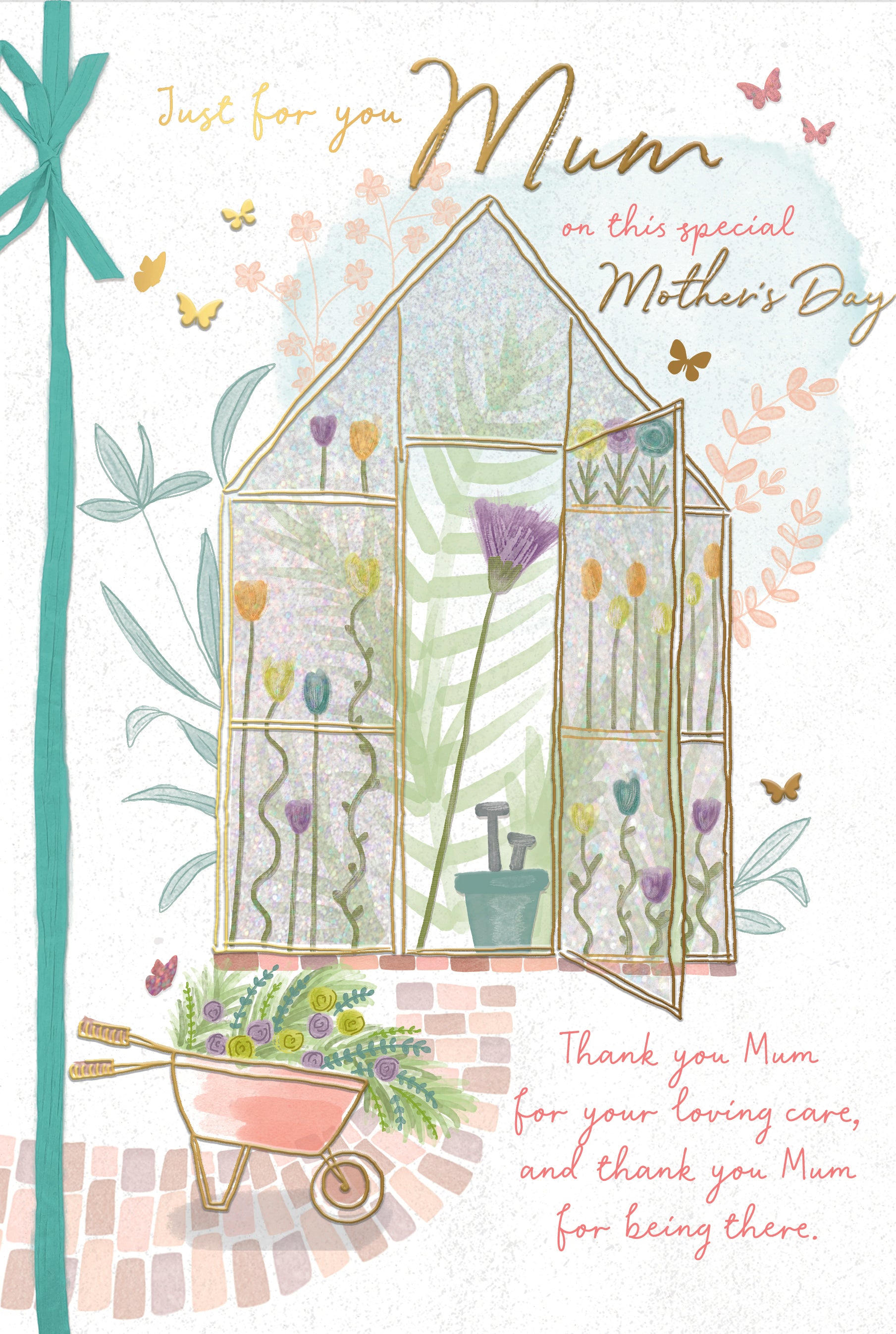 Luxury Hand Finished Mother's Day Card For A Special Mum, Greenhouse And Garden Flowers With Raffia Bow And Foil Detail by Wishing Well Studios, Size 9 X 6 Inches