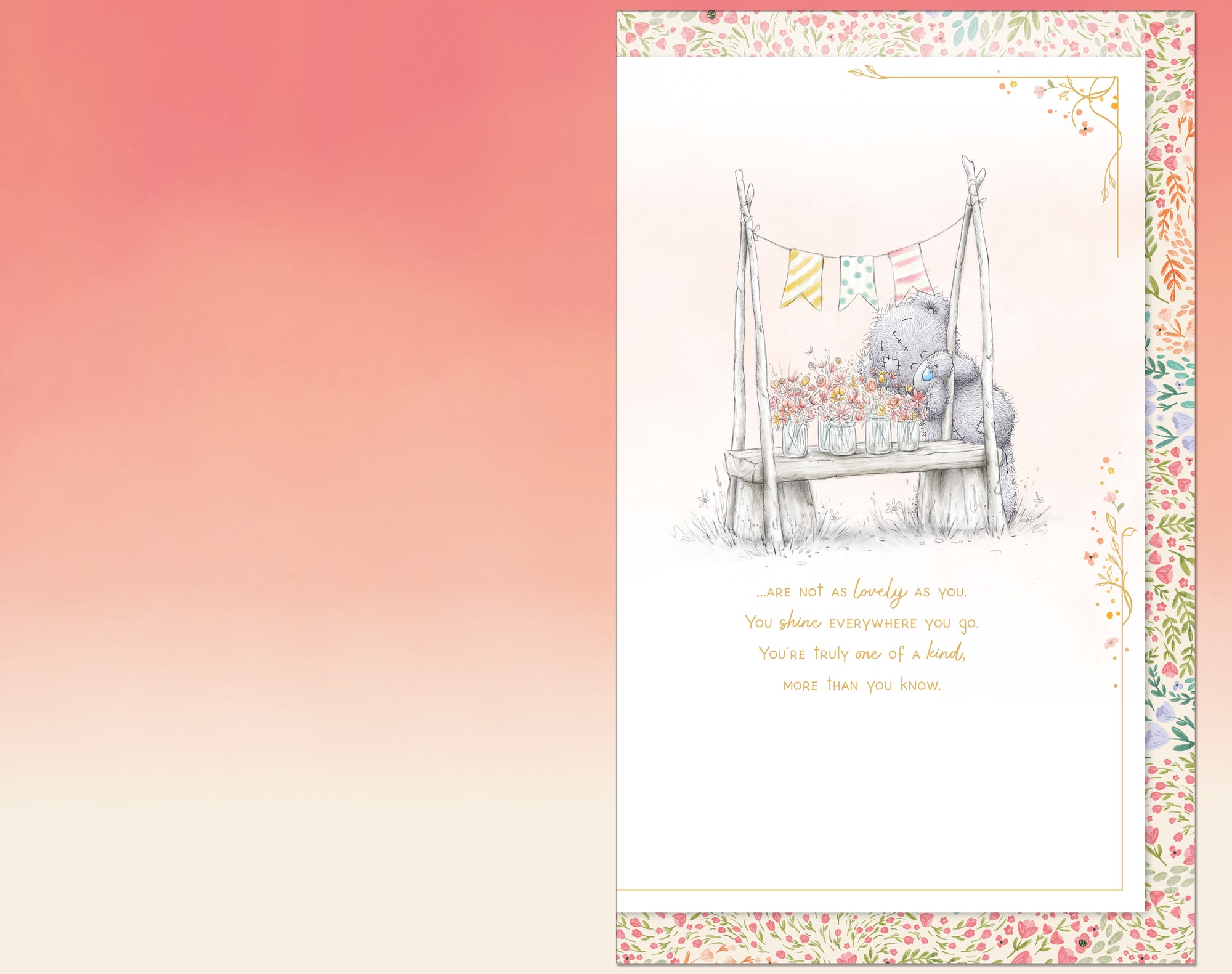 Me to You Tatty Teddy 'All The Flowers In The World' Luxury Gold Foil Hand Finished Mother's Day Card With Bow, 7 X 11 Inches - Official Collection