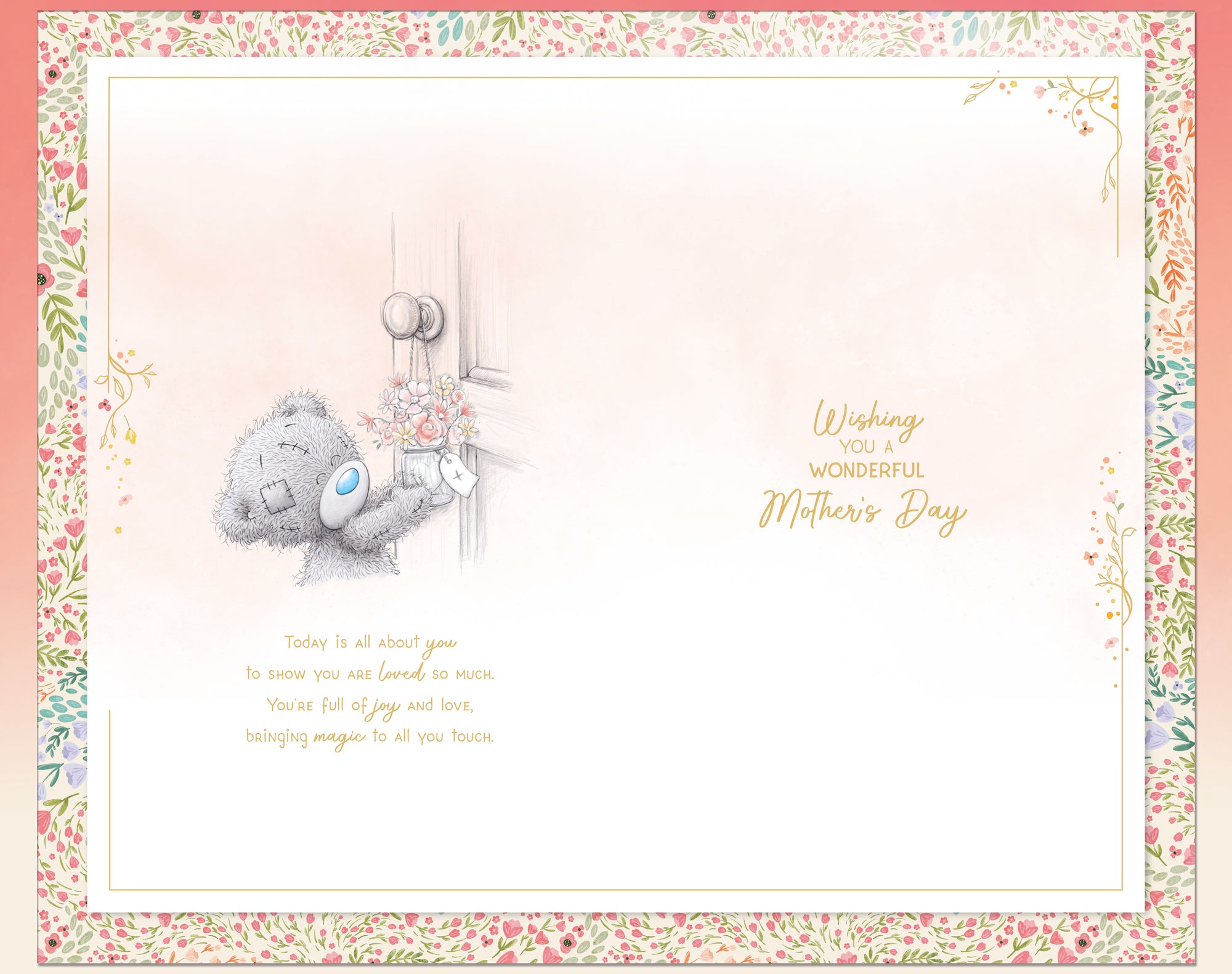 Me to You Tatty Teddy 'All The Flowers In The World' Luxury Gold Foil Hand Finished Mother's Day Card With Bow, 7 X 11 Inches - Official Collection