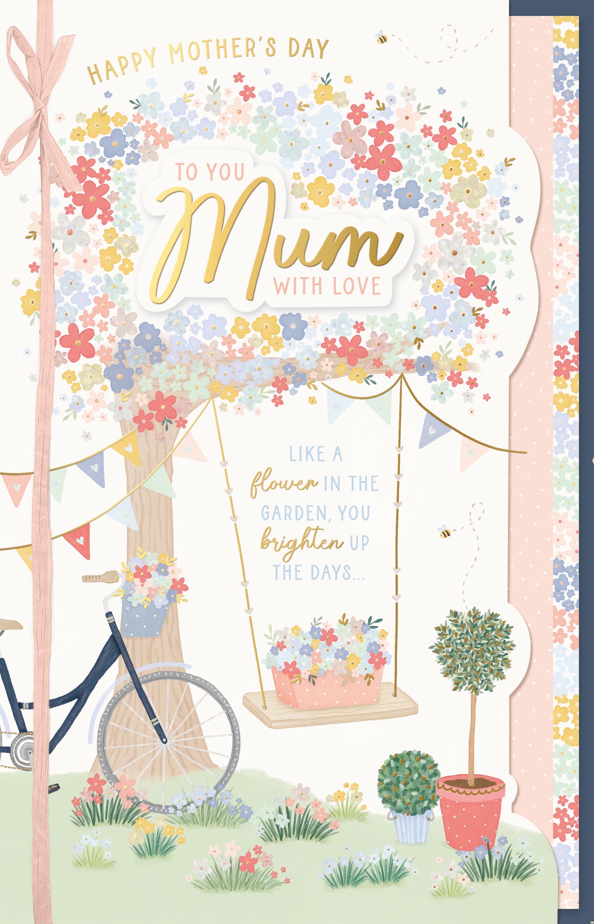 Luxury Hand Finished Mother's Day Card For A Special Mum, Bicycle And Flowers With Raffia Bow And Foil Detail, By Wishing Well Studios, Size 7 x 11 Inches