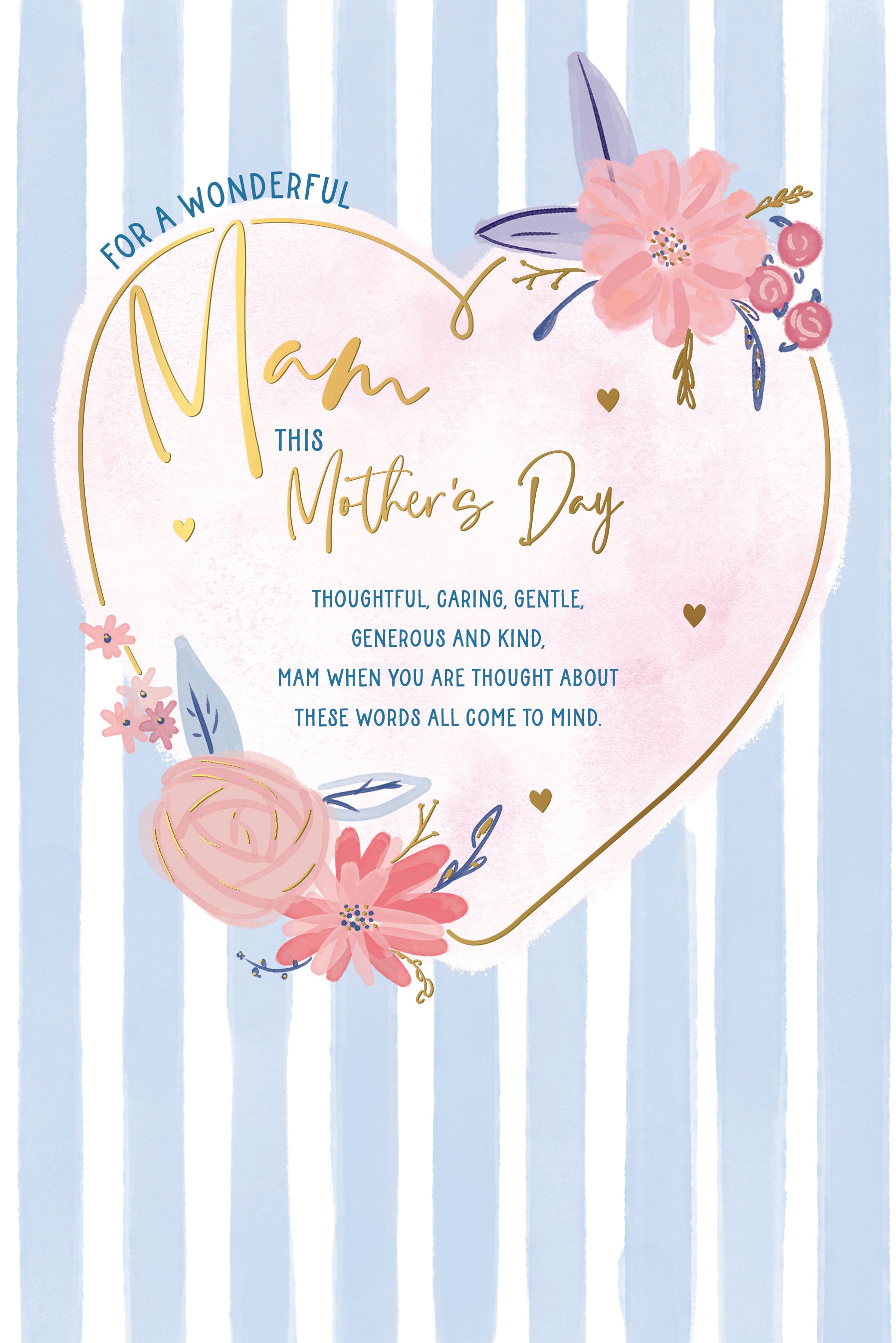 Beautiful Mother's Day Card For Mam With Flowers, Blue Stripes And Paper Insert by Wishing Well Studios, Size 6 x 9 Inches