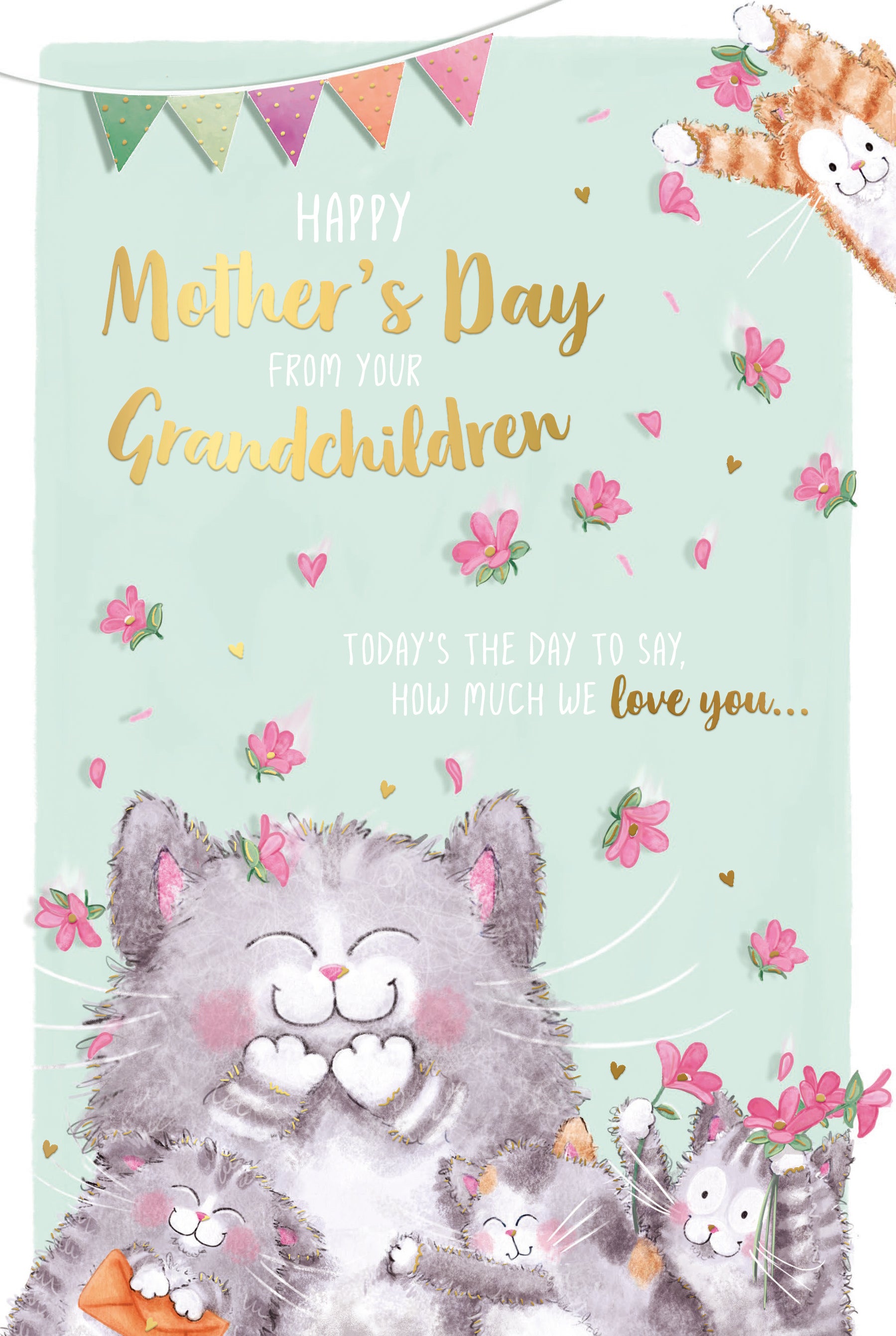 Luxury Mother's Day Card From The Grandchildren, Cats And Flowers Gold Foil Finish - By Wishing Well Studios, Size  6 X 9 Inches