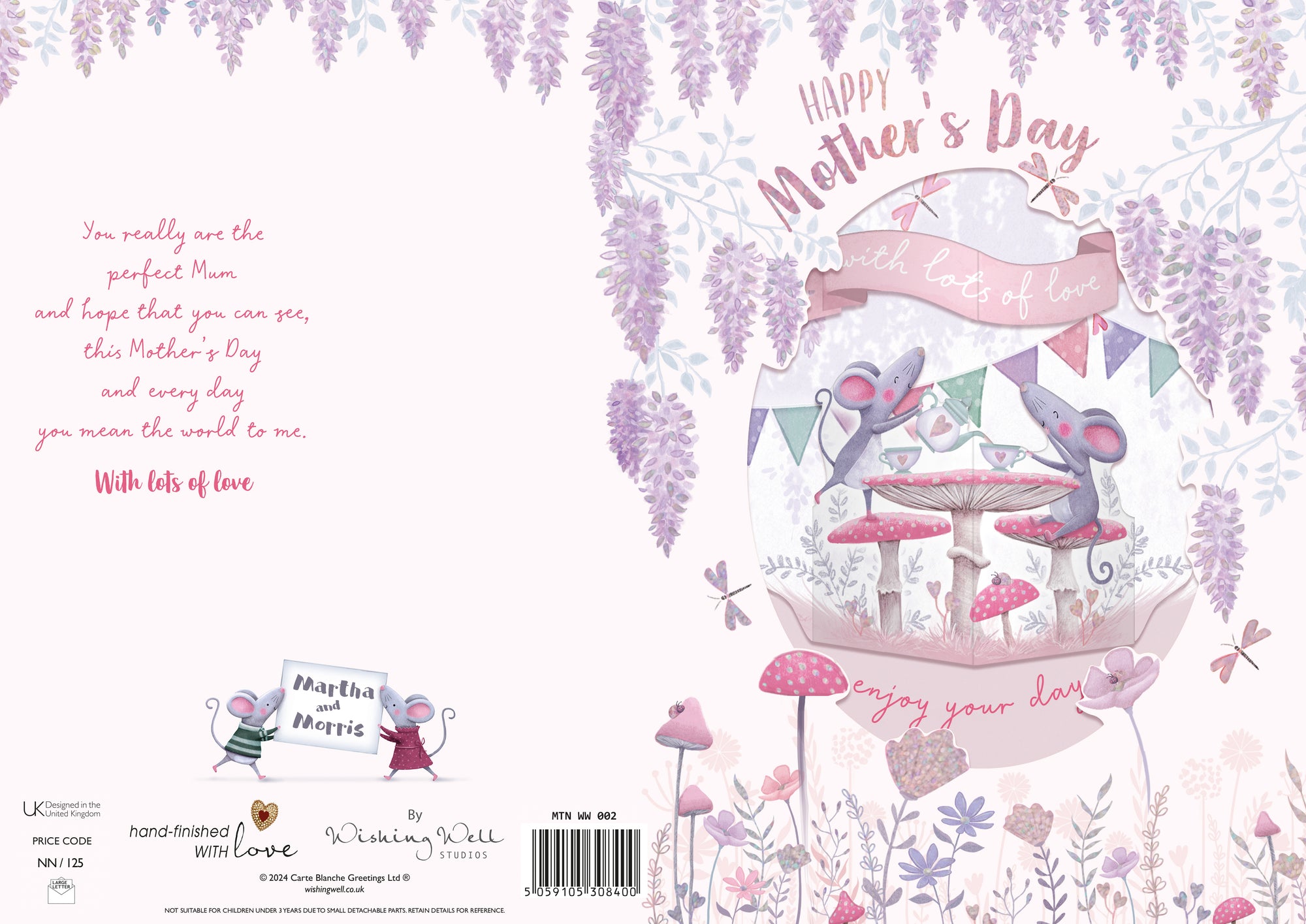 Mother's Day Card For A Wonderful Mum, Mice And Flowers With Luxury Foil Detail By Wishing Well Studios, Size 7 X 10 Inches