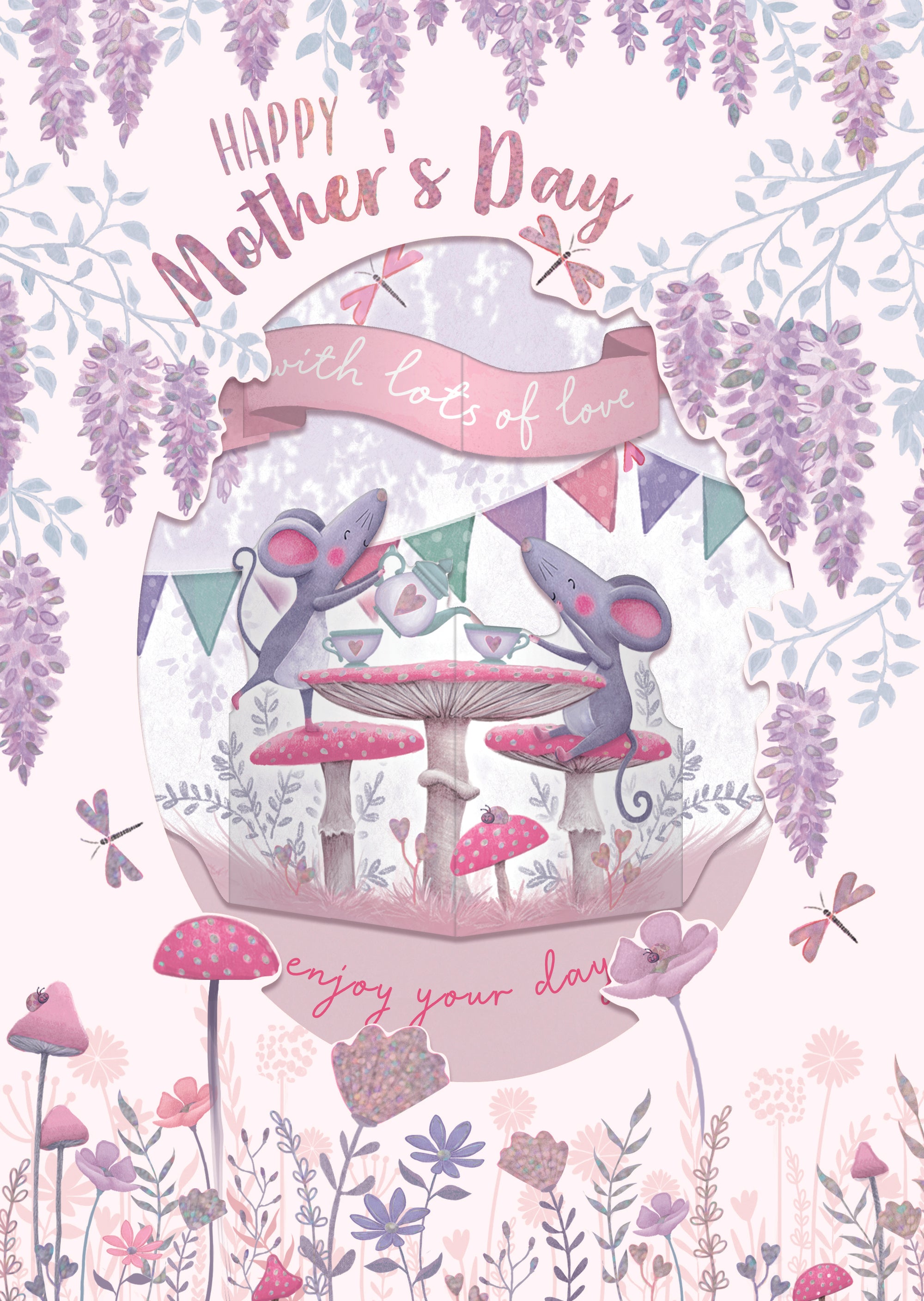 Mother's Day Card For A Wonderful Mum, Mice And Flowers With Luxury Foil Detail By Wishing Well Studios, Size 7 X 10 Inches