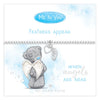 A Me to You 'Feathers Appear' 925 sterling silver bracelet displayed on its white and light blue watercolor backing card. The bracelet features a silver chain with a silver heart charm, a silver feather charm, and a central silver bear charm with a blue teary eye and white angel wings.