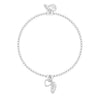 A silver beaded bracelet with a heart and feather pendant, displayed on a clean white background.