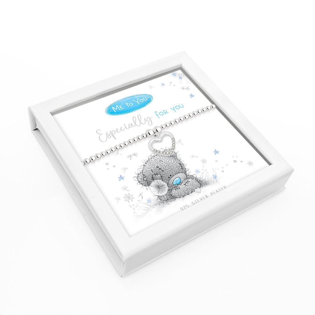 Me to You gift box containing silver plated heart charm bracelet with the words 'Especially for you' and an illustration of Tatty Teddy with a dandelion.
