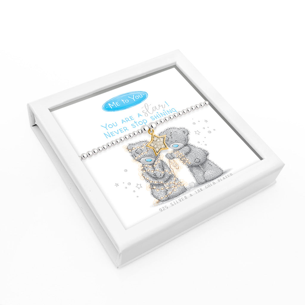 A Me to You 'You Are My Sunshine' silver beaded bracelet with a gold star charm, presented in a white square gift box with a clear lid.