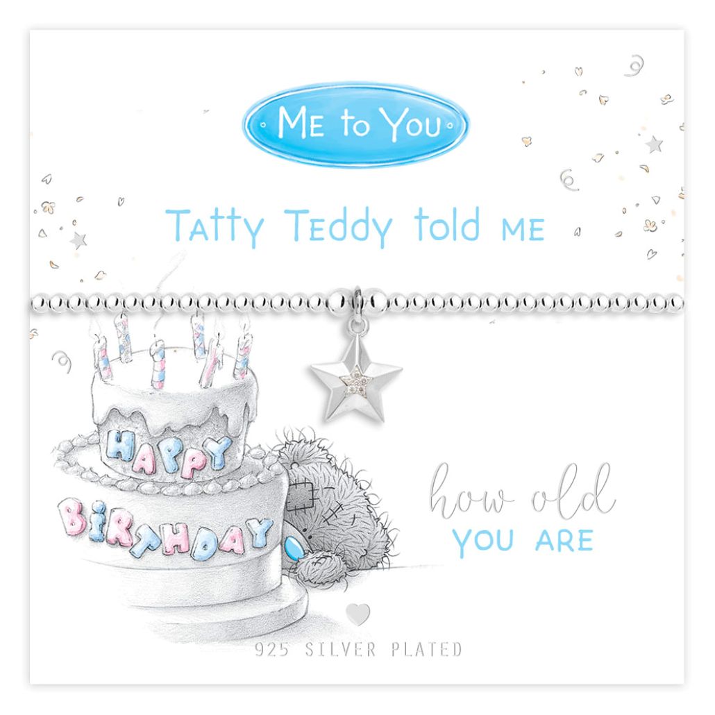 Silver bracelet with star charm on a card featuring a birthday cake illustration and 'Me to You' branding.