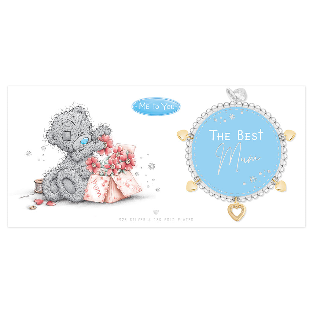 Card with a Tatty Teddy holding flowers and a decorative charm reading 'The Best Mum'.