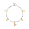 A silver beaded bracelet with five gold heart charms, some adorned with small clear crystals, displayed on a clean white background.