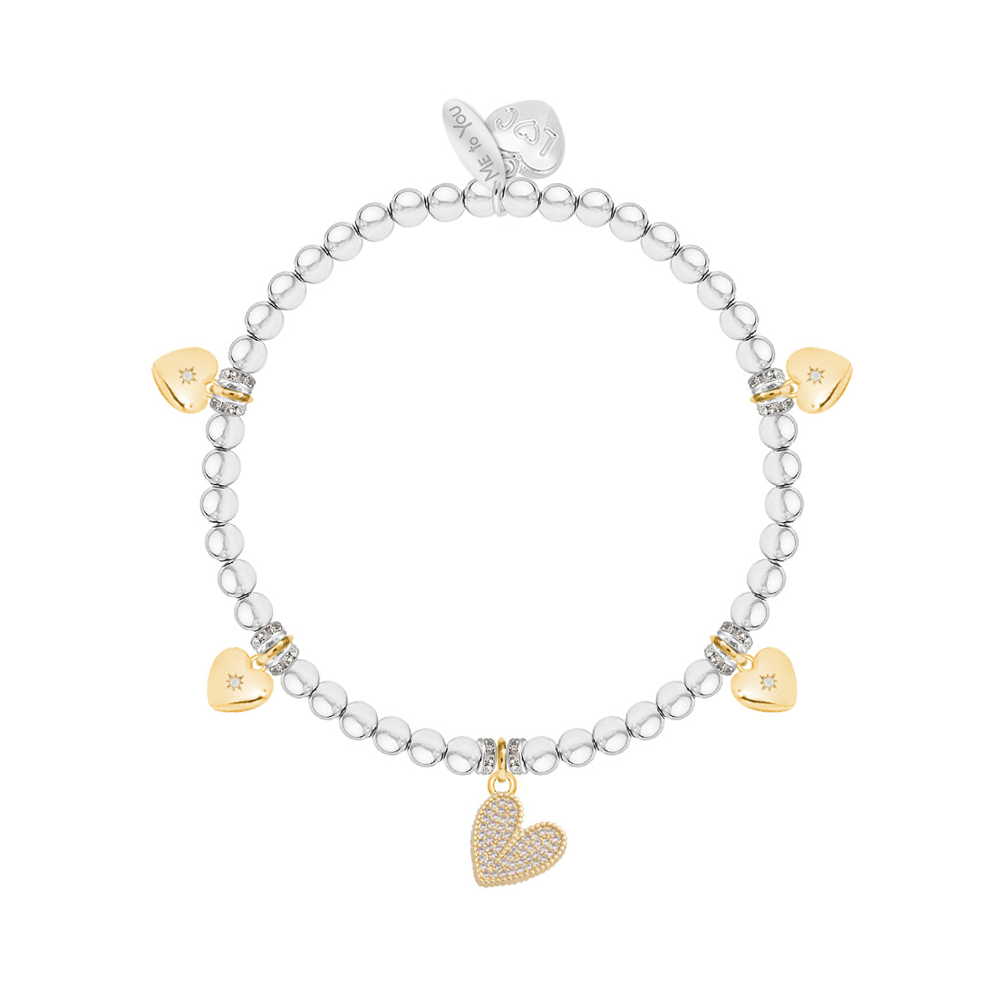 A silver beaded bracelet with five gold heart charms, some adorned with small clear crystals, displayed on a clean white background.