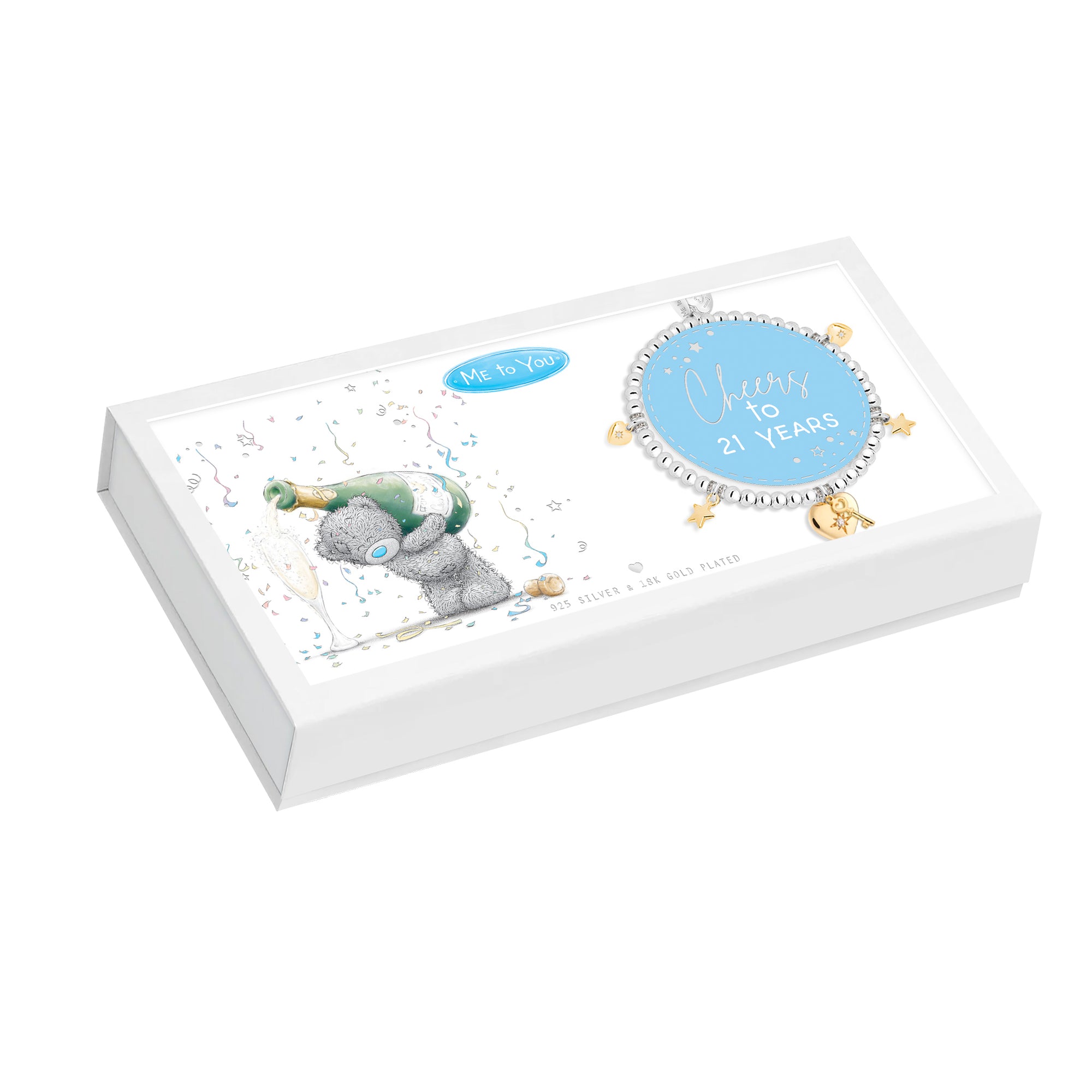 A Me To You keepsake box with a white exterior and a clear lid, displaying a blue circular keepsake charm that reads 'Happy 10th & 21 Years' alongside a grey teddy bear illustration and gold stars.