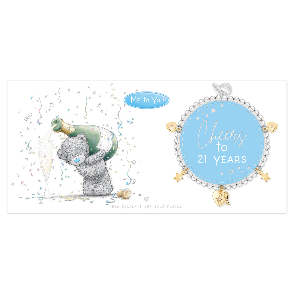 Greeting card with a teddy bear and 'Cheers to 21 Years' design on a white background