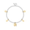 A silver beaded bracelet with gold heart, star, and angel charm accents, displayed on a clean white background.