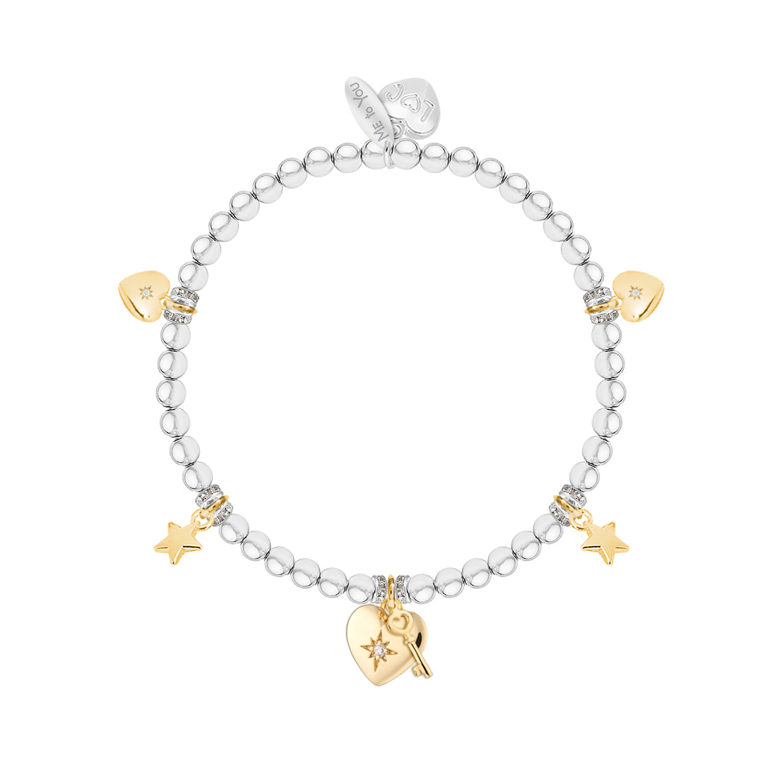 A silver beaded bracelet with gold heart, star, and angel charm accents, displayed on a clean white background.