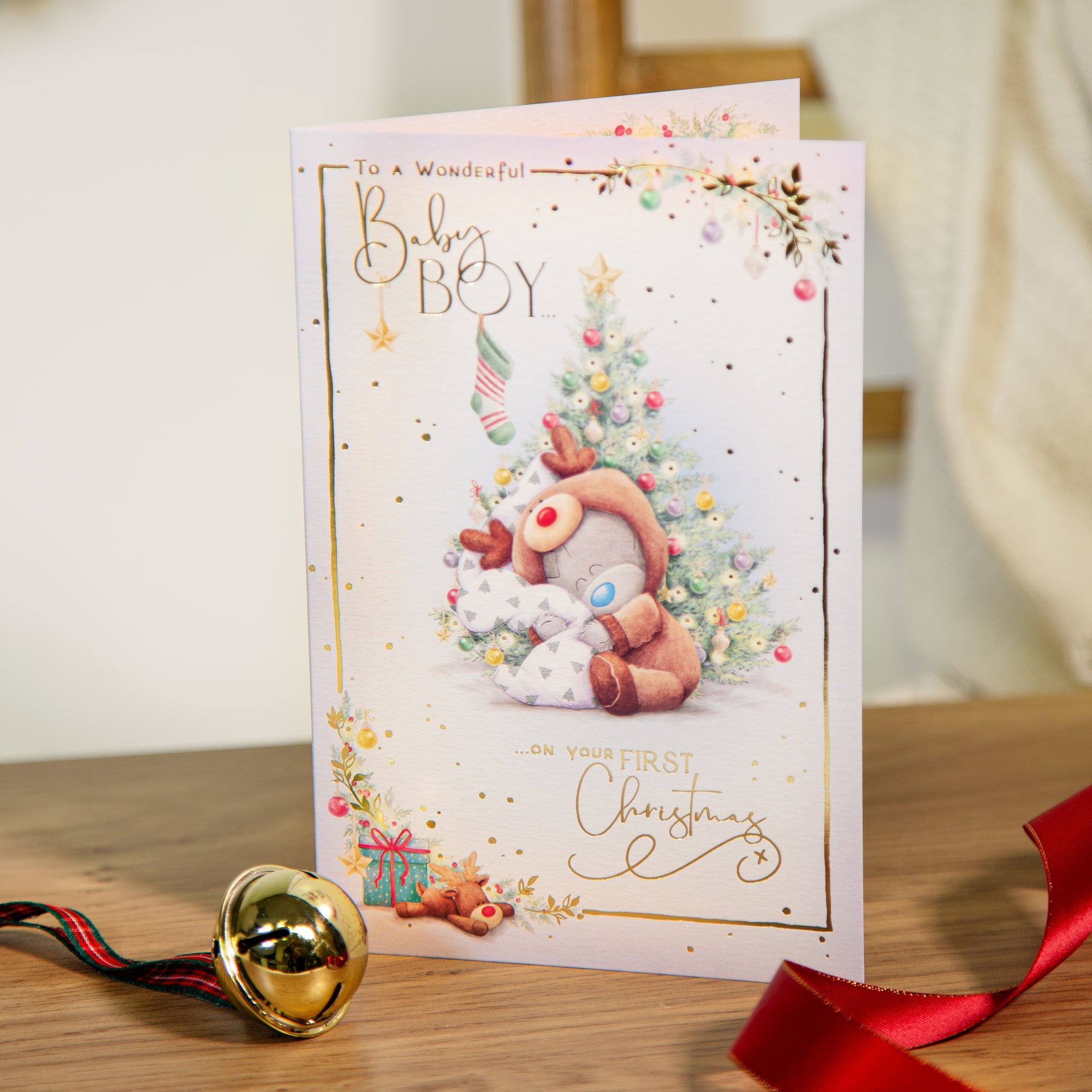 Me to You Tiny Tatty Teddy First Christmas Card For A Wonderful Baby Boy, Tatty Teddy In Reindeer Outfit By A Christmas Tree, 5 x 8 Inches - Official Collection