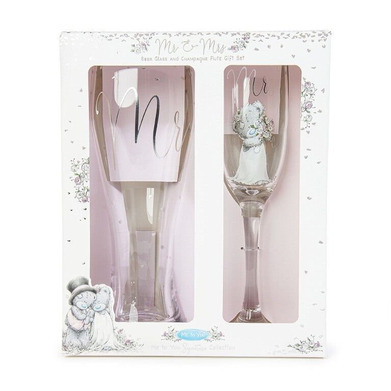 Me to You Tatty Teddy Mr & Mrs Beer Glass and Champagne Flute Gift Set