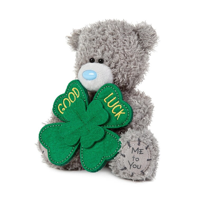 Tatty Teddy Bear Holding 'Good Luck' Four Leaf Clover