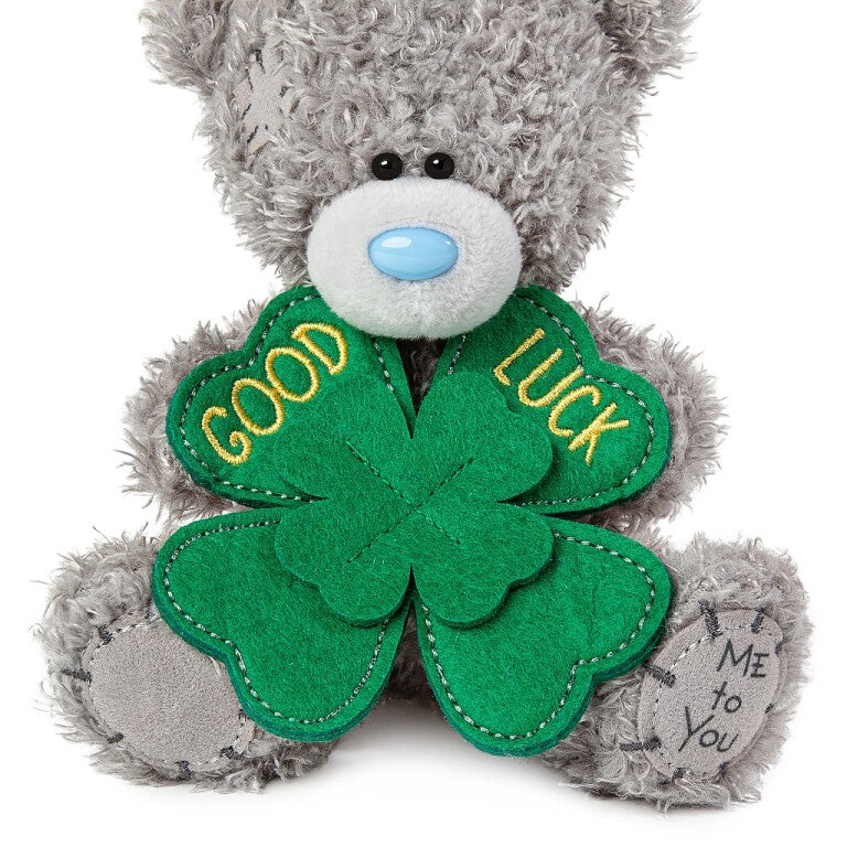 Tatty Teddy Bear Holding 'Good Luck' Four Leaf Clover