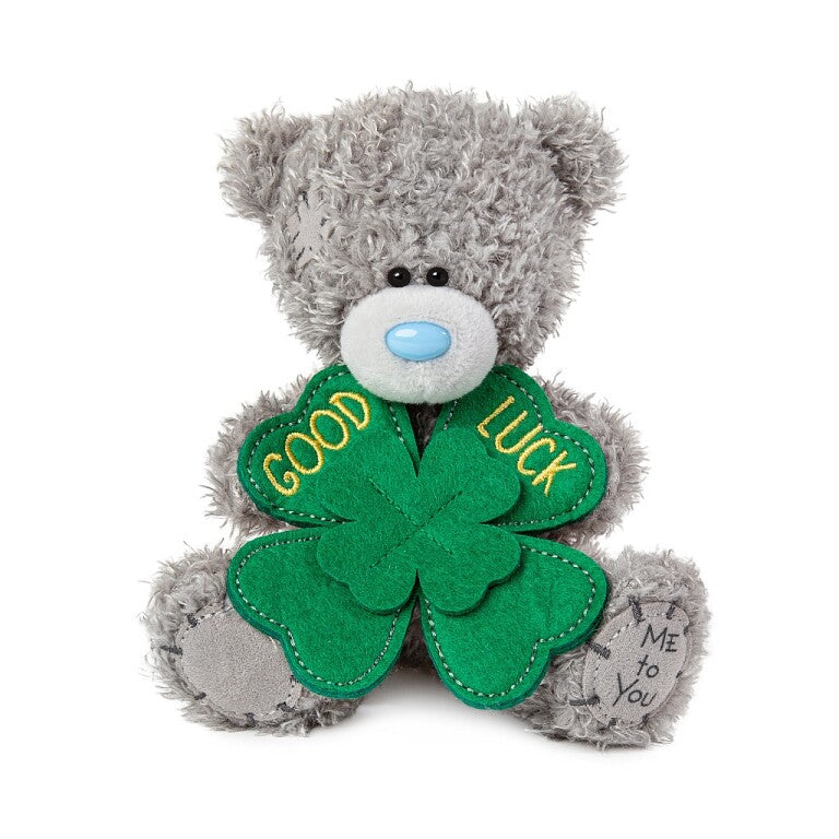 Tatty Teddy Bear Holding 'Good Luck' Four Leaf Clover