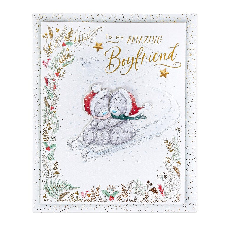 Me to You Tatty Teddy Luxury Boxed Handmade Christmas Card For Boyfriend, Tatty Teddy Bears On Sledge 8x10ins -