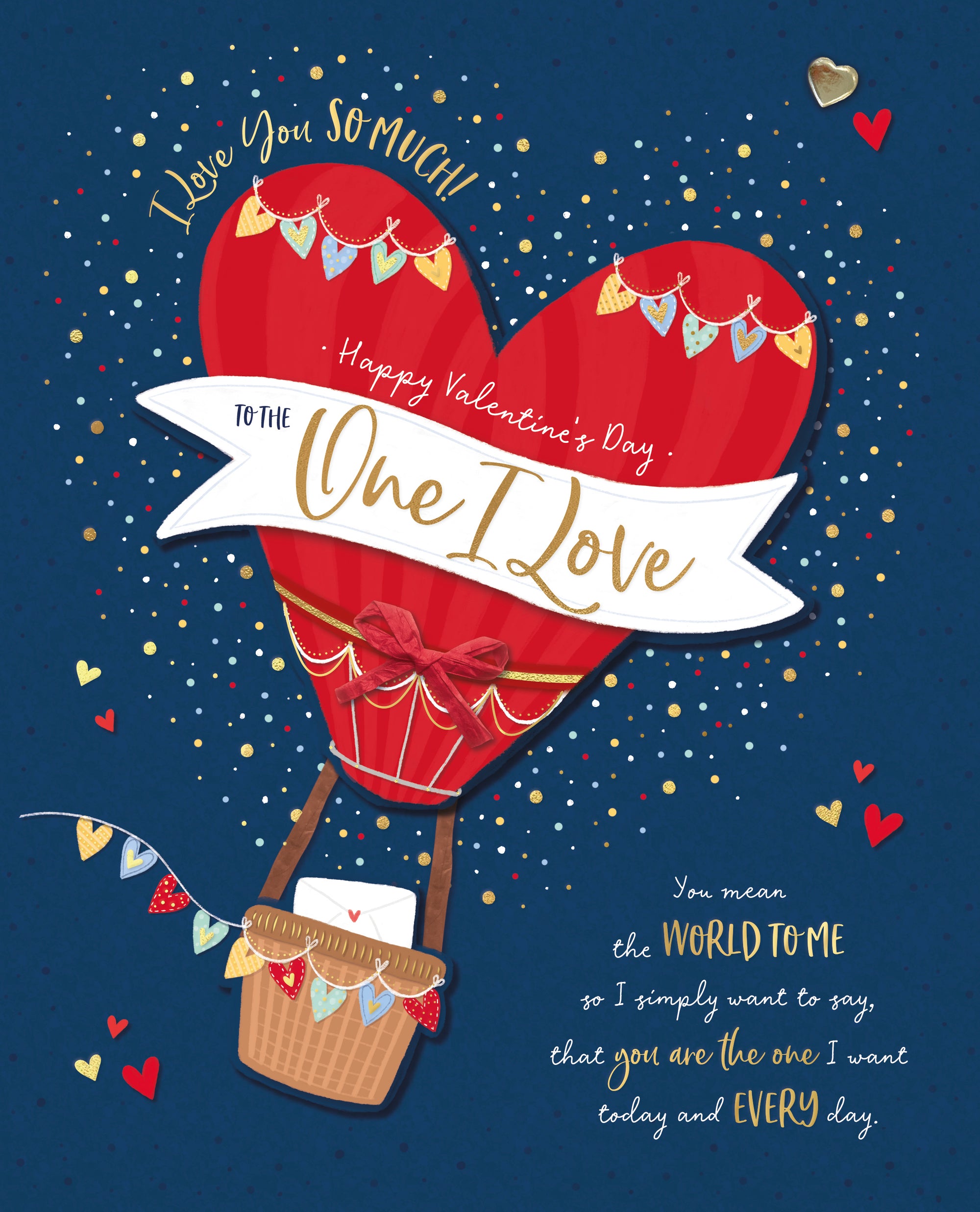 Luxury Boxed Valentine's Day Card 'One I Love' Hot Air Balloon Heart Design With Gold Foil Finish by Wishing Well Studios, 8 X 10 Inches