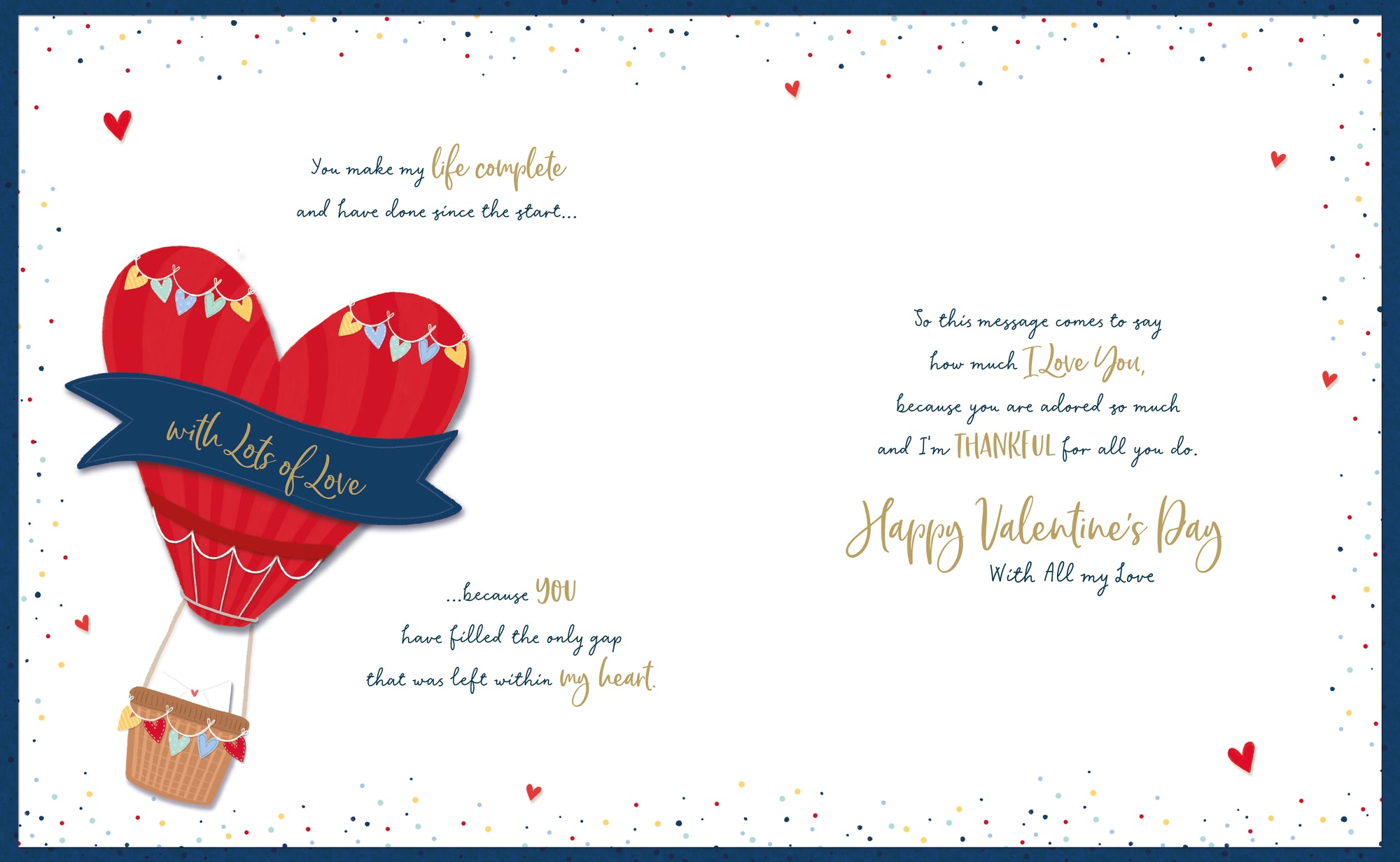 Luxury Boxed Valentine's Day Card 'One I Love' Hot Air Balloon Heart Design With Gold Foil Finish by Wishing Well Studios, 8 X 10 Inches