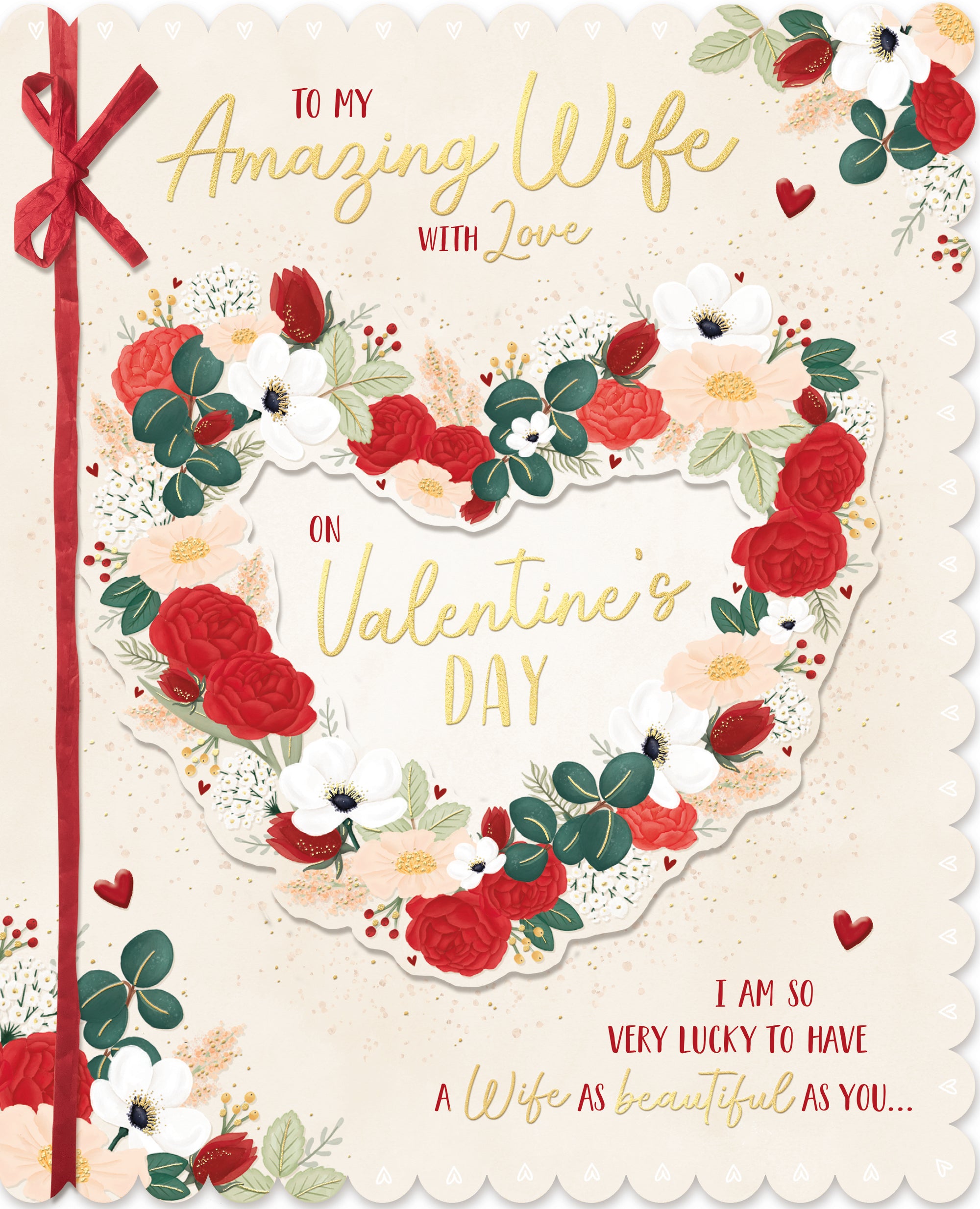 Luxury Boxed Hand-Finished Valentine's Day Card 'To my Amazing Wife' With Ribbon And Gold Foil Highlights by Wishing Well Studios. Size 8 x 10 inches