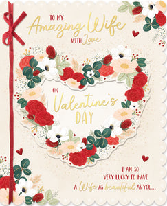 Luxury Boxed Hand-Finished Valentine's Day Card 'To my Amazing Wife' With Ribbon And Gold Foil Highlights by Wishing Well Studios. Size 8 x 10 inches